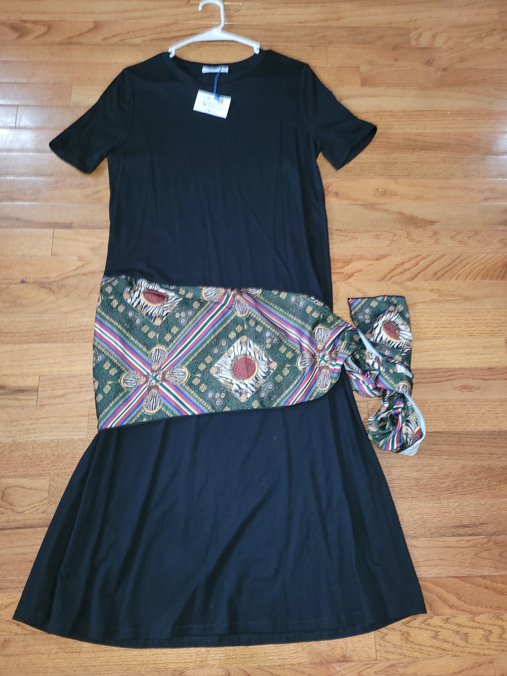 Zara Black Short Sleeve Midi Dress with Patterned Waist Sash